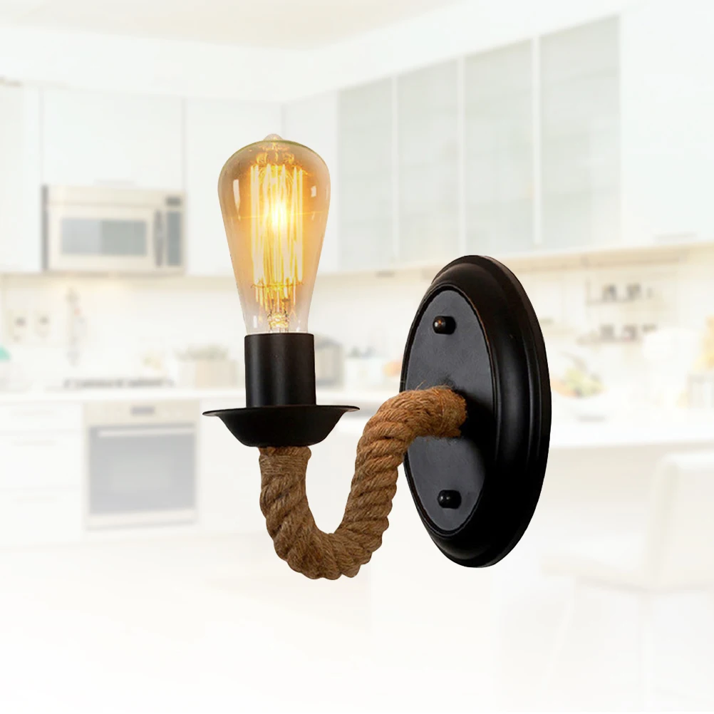 Lampu Dinding Tali Retro Logam Gaya Industri Lampu Tempat Lilin untuk Lorong Kamar Tidur Dekorasi Bar Bahan Rami Bingkai Tebal 220V Dasar E27