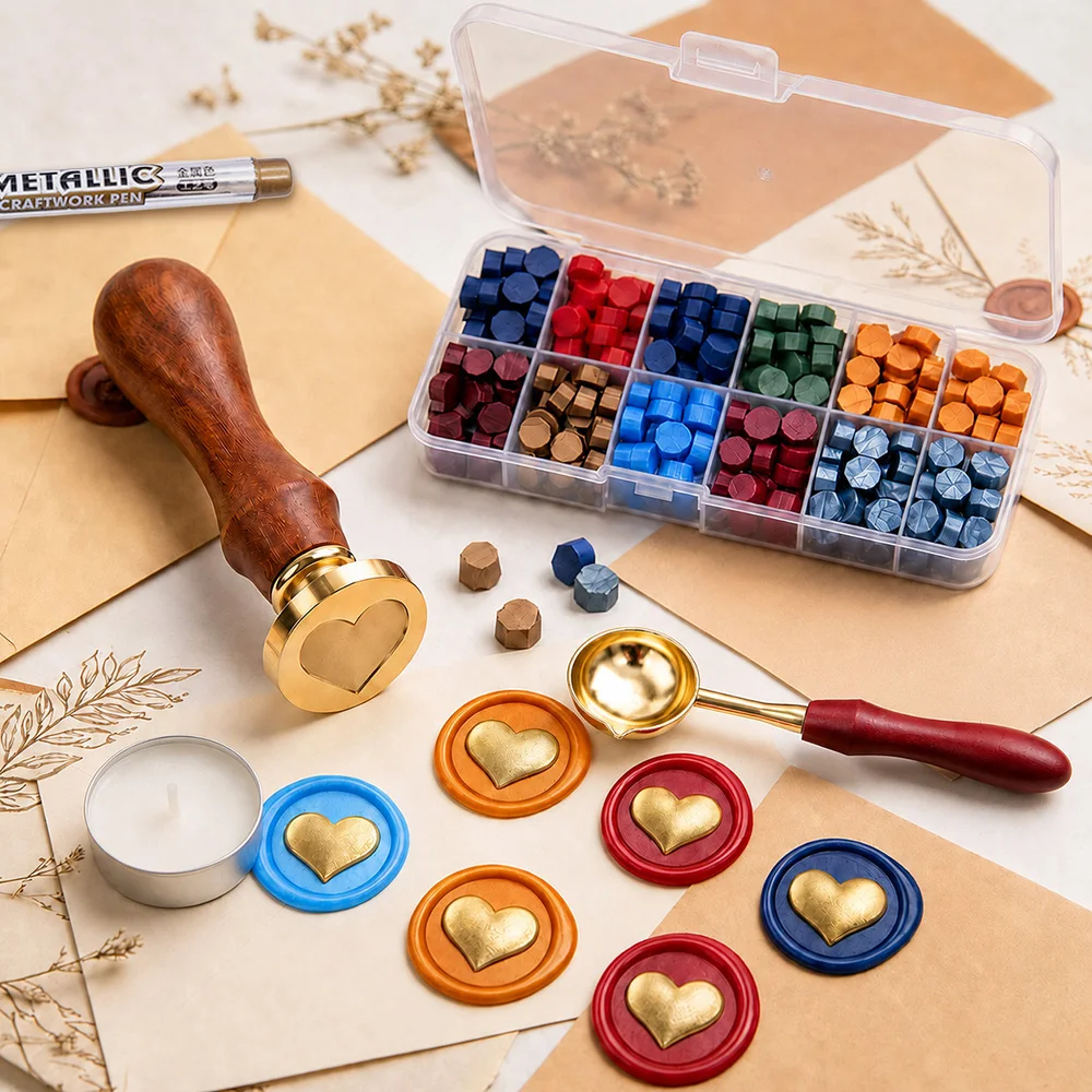 Wax Seal Stamp Kit Vintage Sealing Wax Beads Wooden Handle Spoon Candles Envelopes DIY Wedding