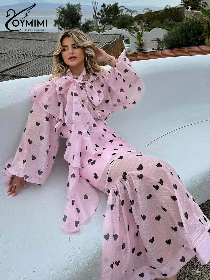 Oymimi Casual Pink Print 2 Pieces Set For Woman Fashion Lace-Up Puff Sleeve Button Shirts And High Waist Ruffled Skirts Sets