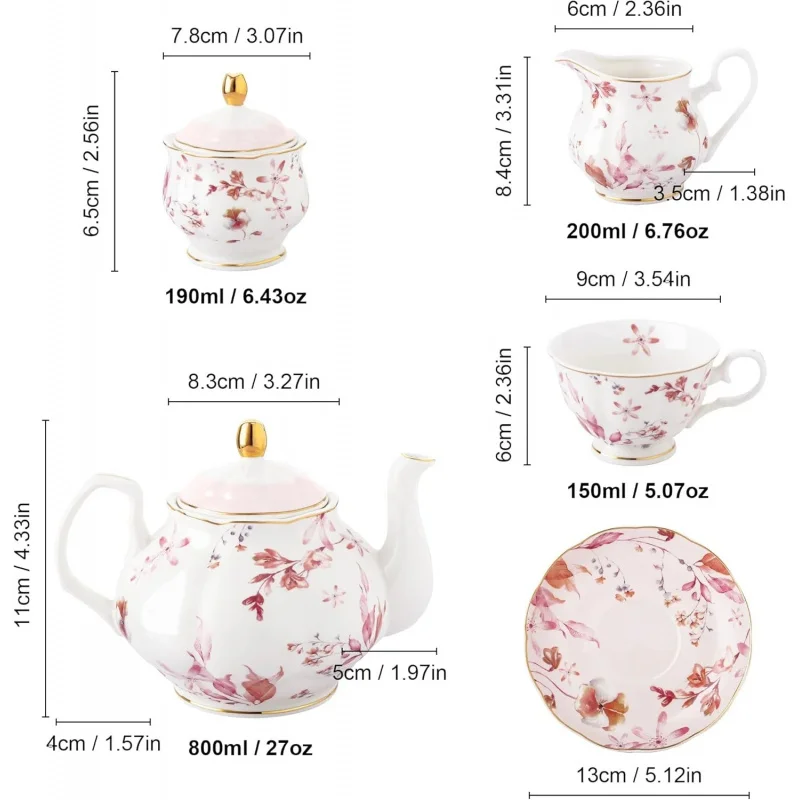 custom.21-Piece Ceramic British Porcelain Tea Set Gold Trim Red Autumn Leaves Floral Design Vintage Women's Tea Par