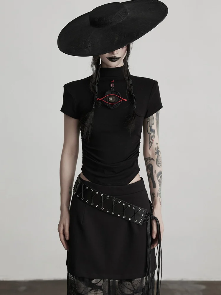 

k Fsy Embroidered Slim Fit ort Sve Women's T-irt Wool Waist-Cinching Top Summer Cool Sle Creative Pattern