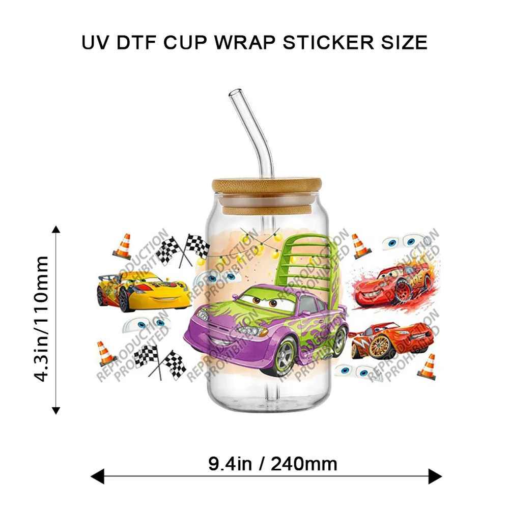 Cool Cartoon Race Car Checkered Racing Flag Traffic Cone UV DTF Transfer Cup Wrap Sticker For 16oz Libbey Glass DIY Decal Decor