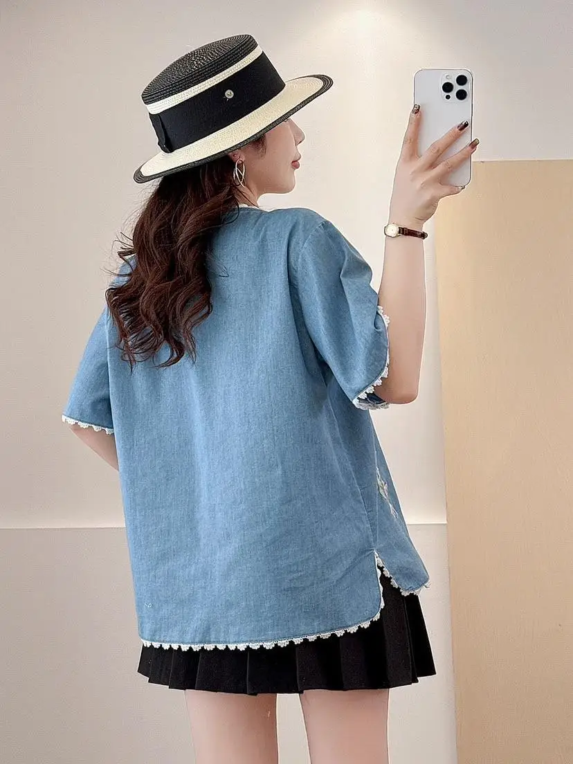 New 2025 Summer Short Sleeve Denim Shirt, Women Turn-down Collar Embroidery, Mori Girl Retro Sweet Casual Loose Blouse T57479CC