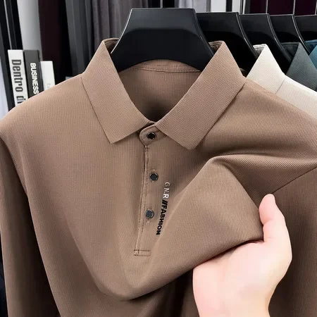 Mens Casual Long Sleeve Polo Shirt Anti Wrinkle Soft Material Classic Lapel Button Design All Season Wear For Business And Daily