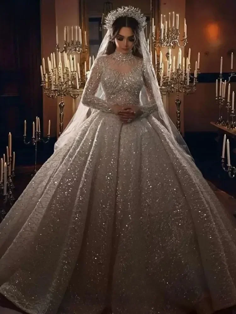 Vestido De Novia De princesa brillante personalizado, Dubai, con cuentas, árabe, mangas largas con lentejuelas, preciosos vestidos De Novia De tul