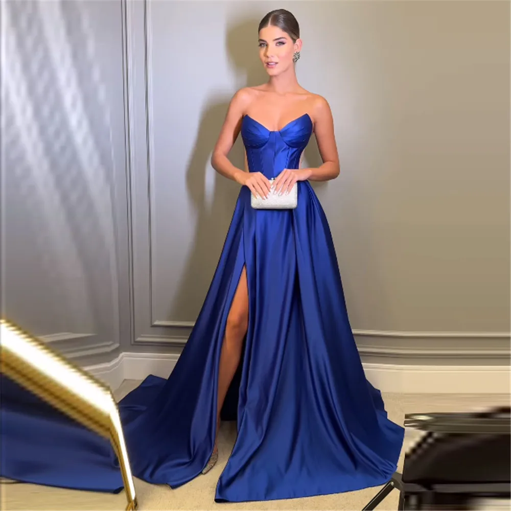 Sevintage Customized Elegant Royal Blue A-Line Prom Dress Satin Ruched V-Neck Floor Length Side Slit Evening Dress 2024