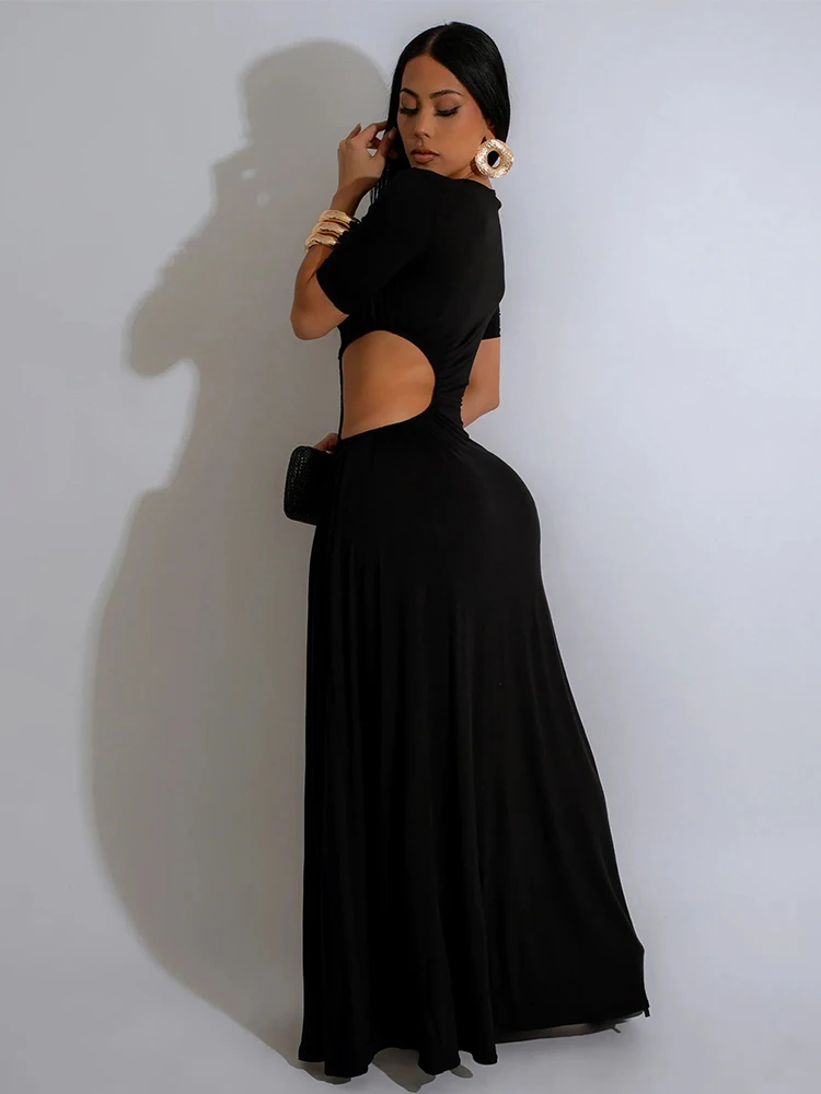 半袖セクシーレディースドレス、レディースカットアウトウエストサイドスリットドレス、パーティーイレギュラーネックロングイブニングドレス、サマー