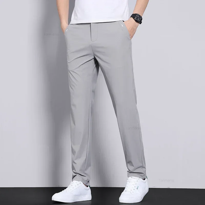 Ultra-thin Elastic Men's Casual Trousers Summer Quick-drying Ice Silk Slim Straight Business Solid Color Y2K Trousers Black Gray