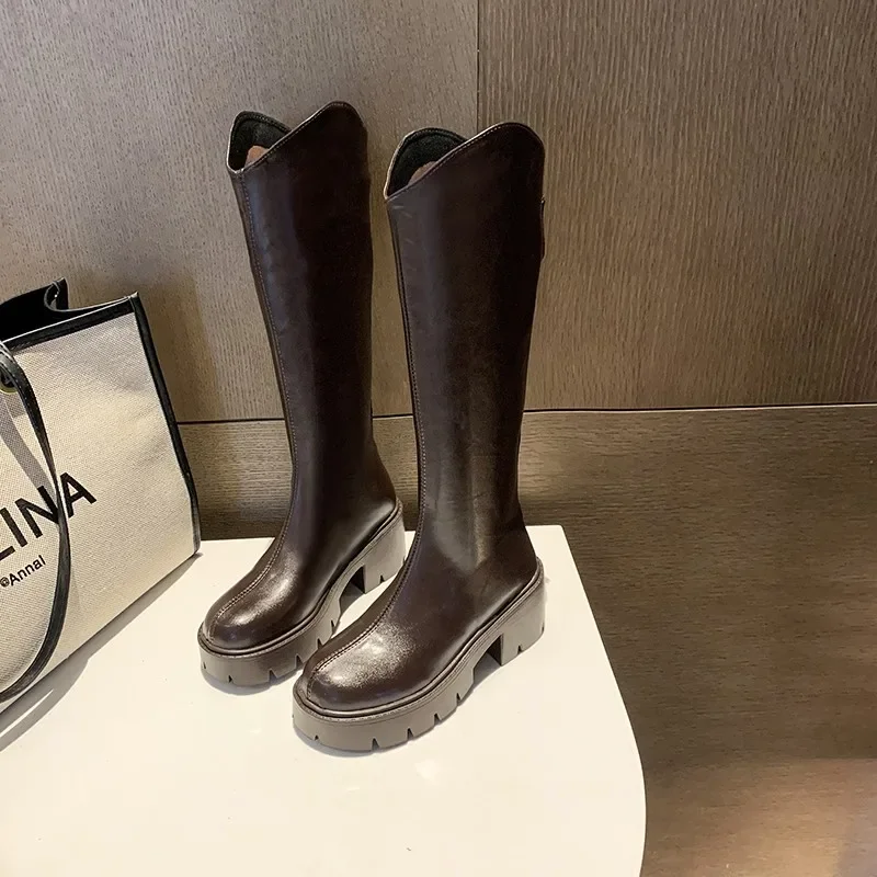 

Autumn New High Quality Long Boots 2025 Fashion Versatile Heel Thick Bottom Solid Zip Round Toe Casual Concise Women's Boots