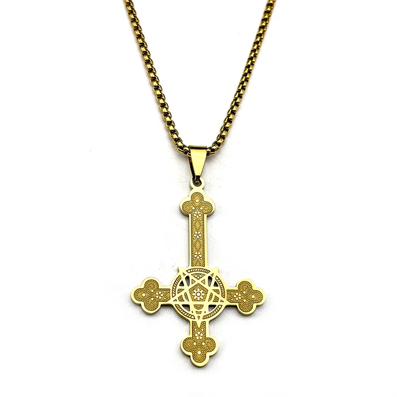 Gothic Punk Hexerei Pentagramm Umgekehrtes Kreuz Anhänger Halskette für Frauen Männer Edelstahl Silber Farbe Stern Kette Schmuck – Detail 9