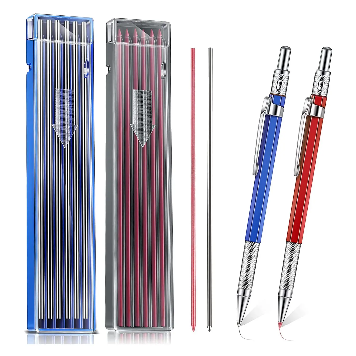 2 Pcs Streak Welders Pencil with 24 Pcs 2mm Refills Mechanical Pencil with Built in Sharpener Carpenter Pencils