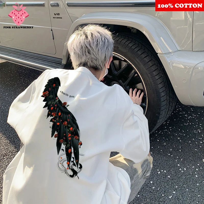 

American Devil Wings Print T-shirt Men Autumn Winter 2025 New 100%Cotton White Long sleeves Tee Loose Y2k Top Youth men clothing