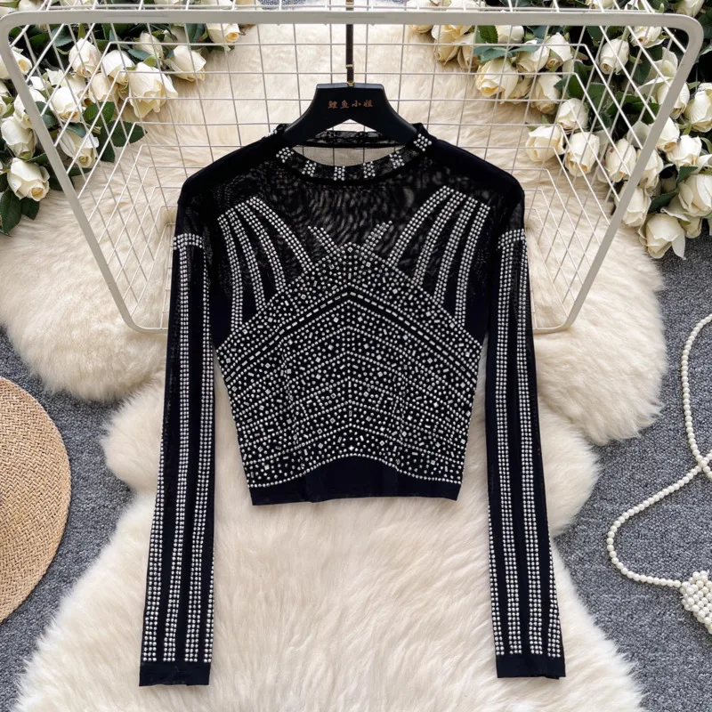 Hksh primavera outono novas mulheres camiseta curta o pescoço mangas compridas artesanato pesado cravejado diamantes pura sexy camiseta high-end topos hk16451