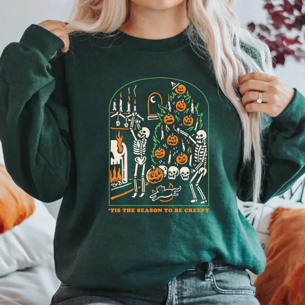 Tis The Season To Be Creepy Halloween Sweatshirt Funny Halloween Sweatshirts Women Graphic Hoodies Long Sleeve Casual Pullovers