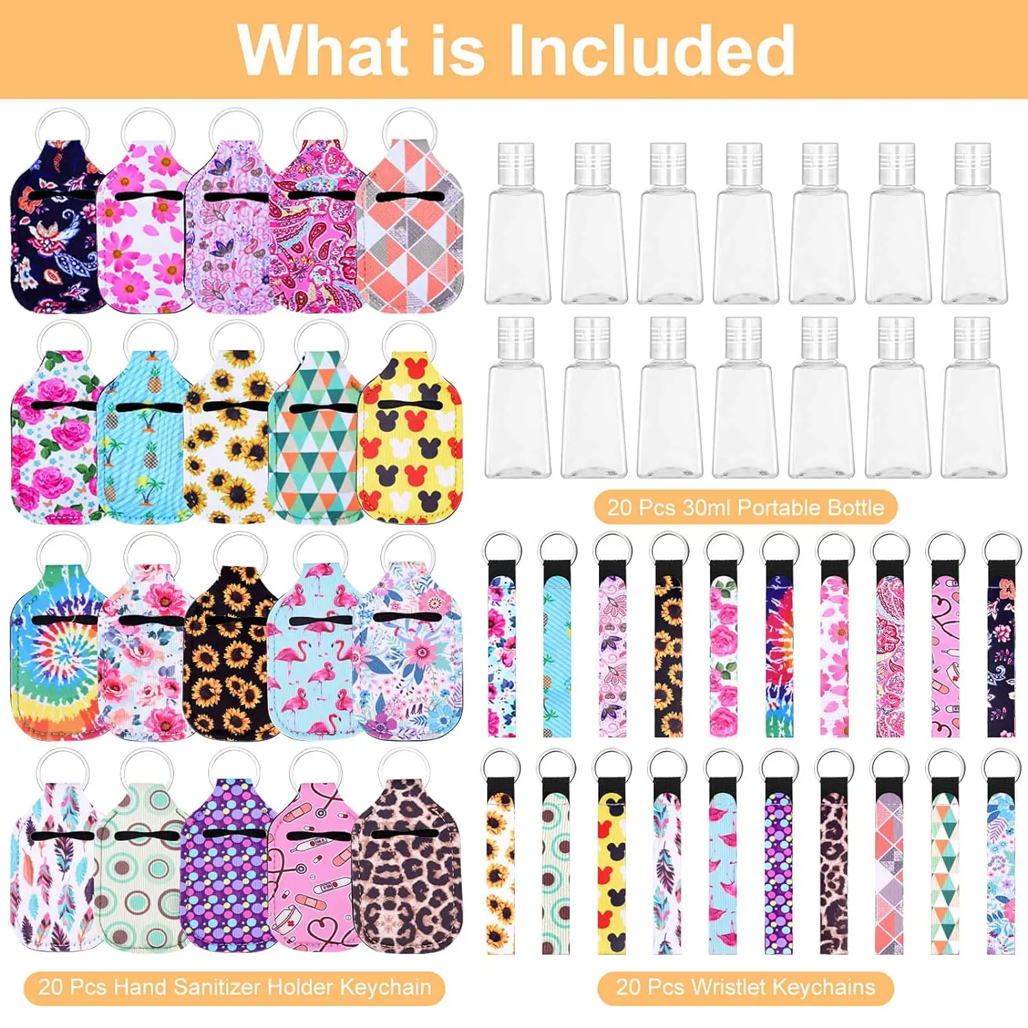 60pcs Empty Hand Sanitizer Holders Set 20 Portable Refillable Travel Bottle Container with 20Holders 20 Wristlet Keychain