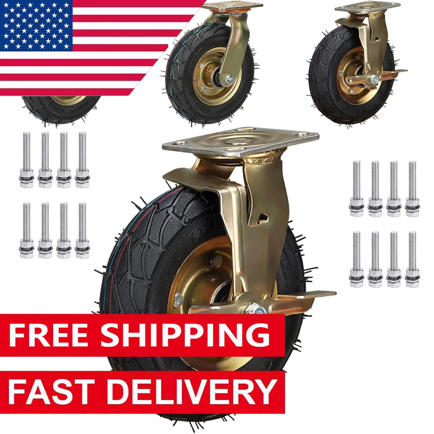

Heavy Duty Castor Wheels for Industrial, 2 Swivel Plate Air Filled Caster + 2 Silent Castor with Side Brakes,10'' Rubber Wheel