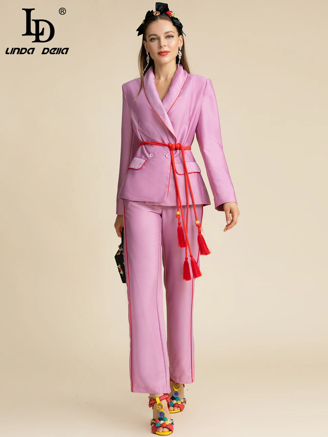 LD LINDA DELLA Fashion Designer Autumn Purple Pants Suit Women\'s Slim Long sleeve Belted Blazer and Pants Two Pieces Sets