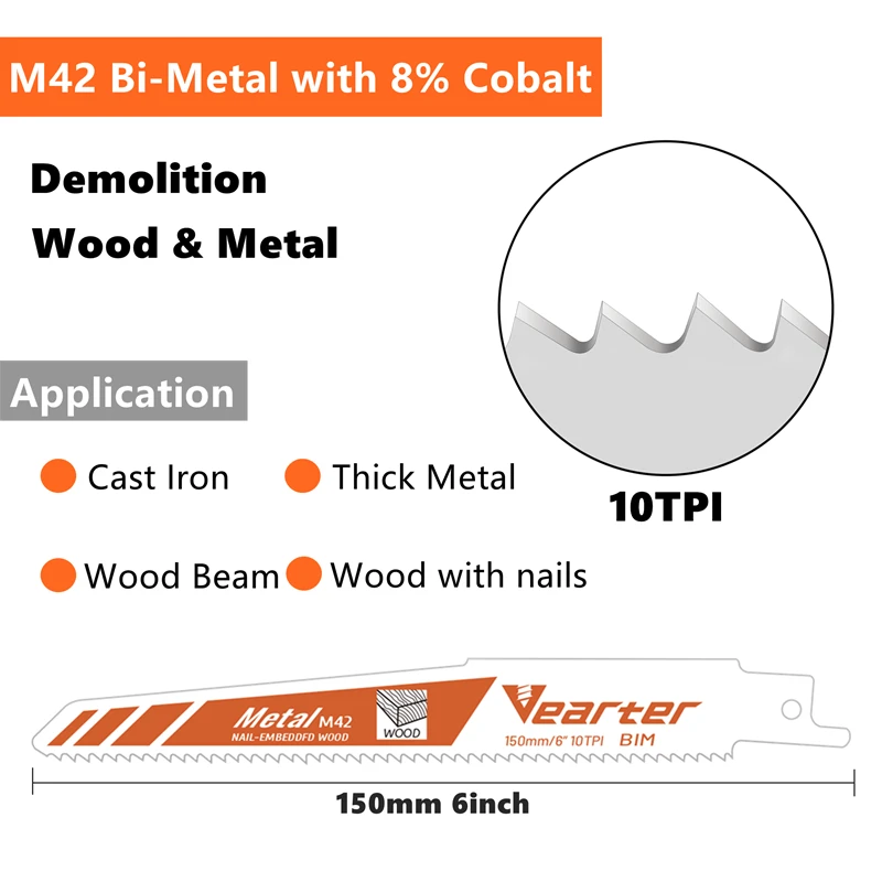 Vearter 2Pack 6-Inch Reciprocating Saw Blade M42 Bi-Metal 8%Cobalt Sabre Sawzall For Nail-Embedded Wood Cast Iron PVC Cutting