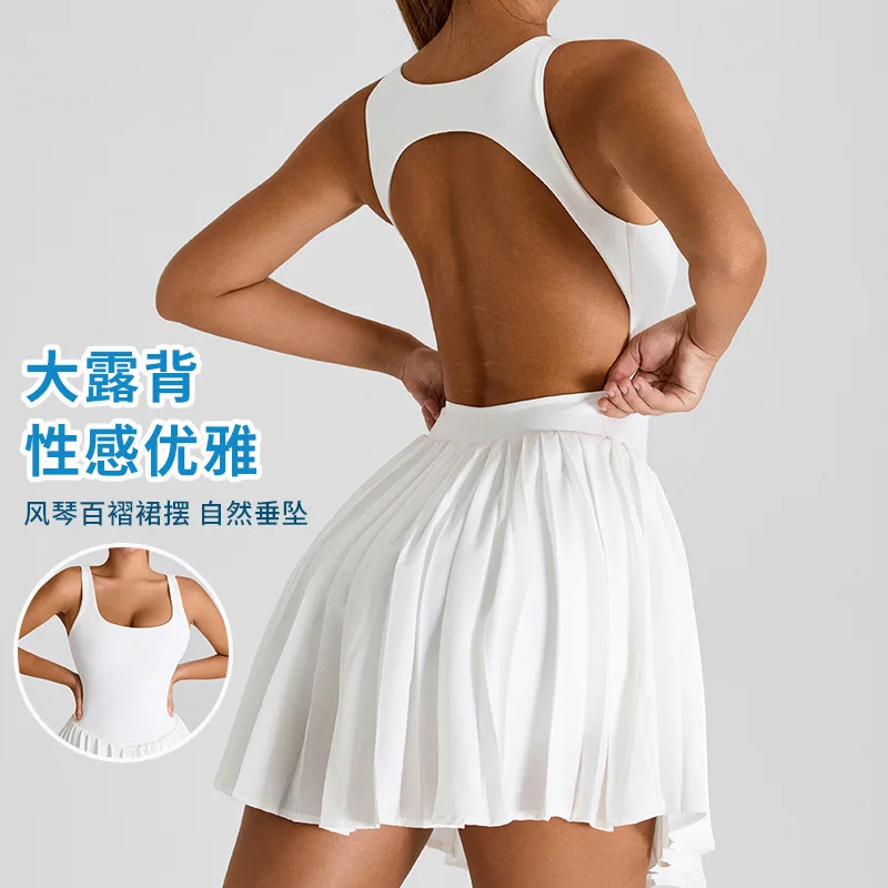 

New Large Backless Sports Dress for Women, Anti-exposure Pleated Yoga Skirt, Outdoor Fitness Tennis Skirt