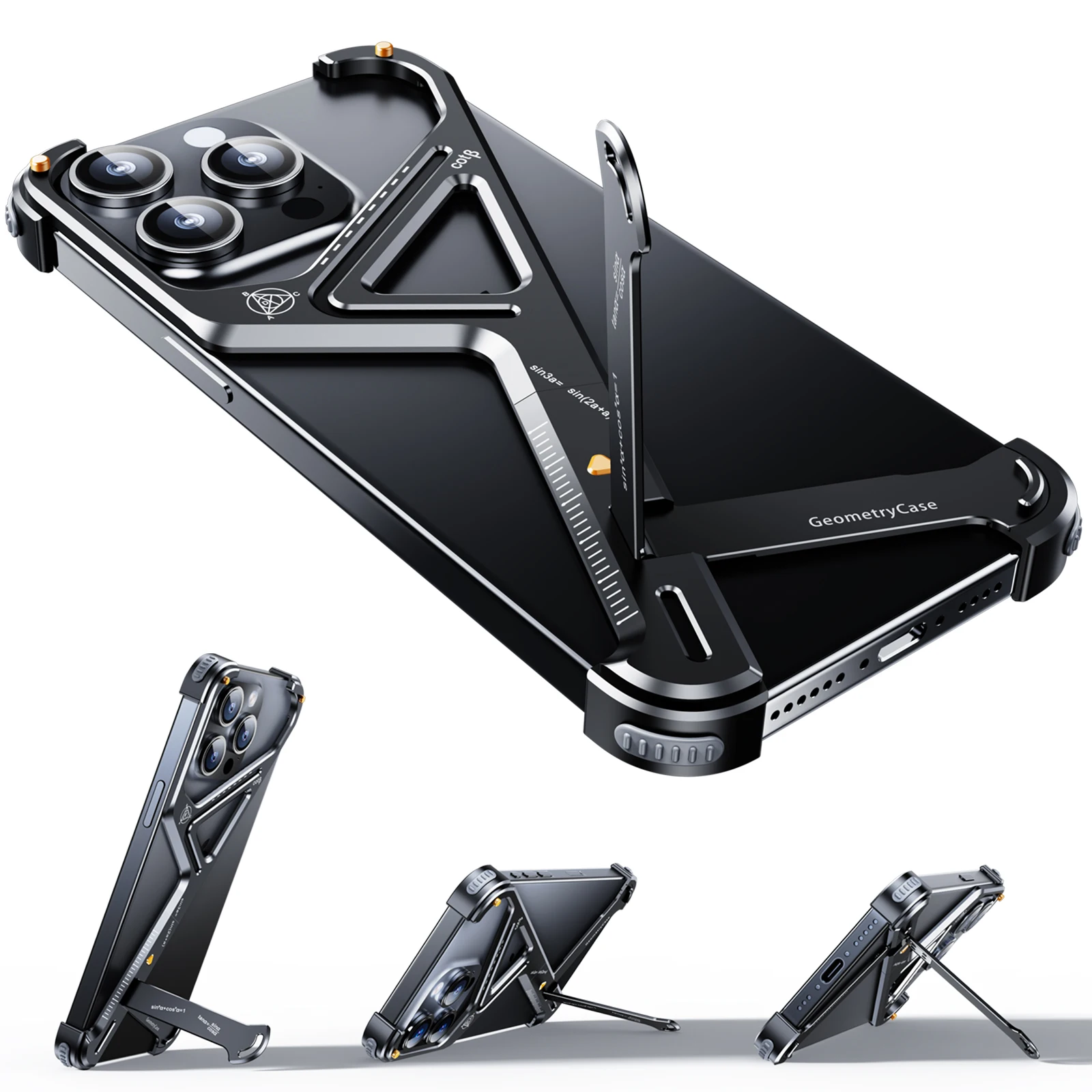 Eary Frameless Phone Case for iPhone 15/14 Pro Max Racetrack Shaped Cool Design Aluminum Matal Bumper Shockproof Phone Cover