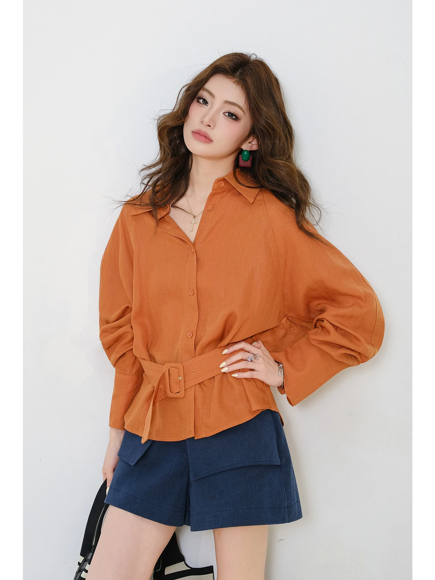 

MIUCO Linen Long Sleeve Shirt Classic Collar Waist Cinched Simple High Contrast Orange Top for Women Casual Wear