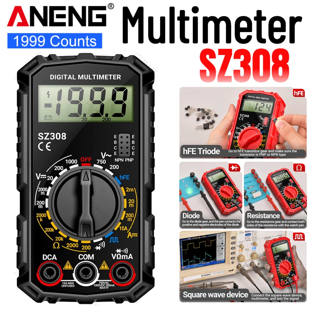 SZ308 Digital Multimeter 1999 Count AC/DC Voltmeter Ammeter Voltage Current Tester Resistance Meter HFE Triode Buzzer Multimeter