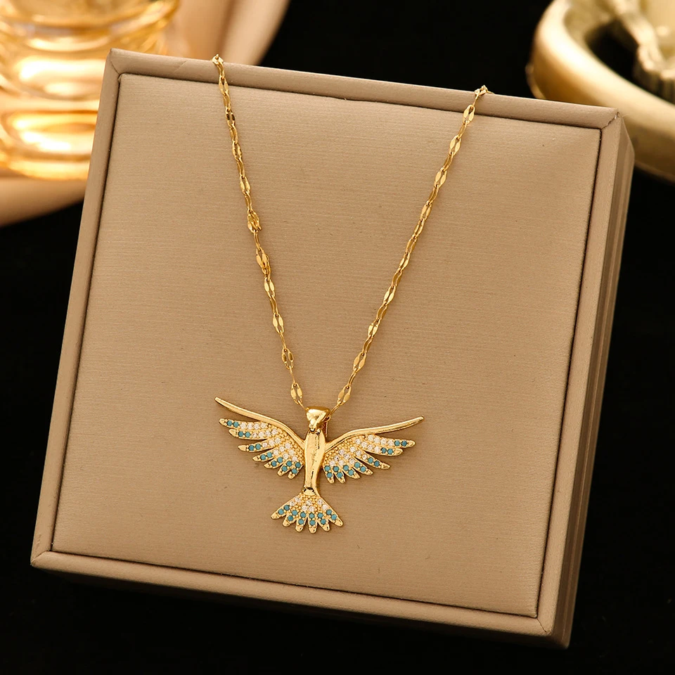 Yupsk mode acier inoxydable cubique zircone Phoenix pendentif collier pour femmes Buling cristal unisexe bijoux cadeau