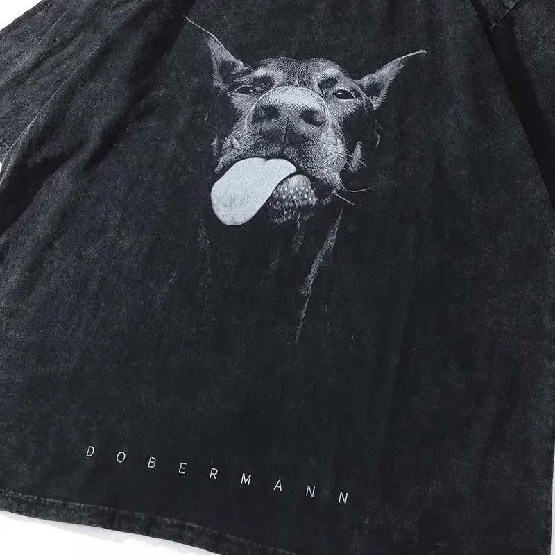 Men Women\'s T-shirt Dogs Dobermann Pattern Prints Short Sleeve Shirt Vintage Gothic Style Street Y2k Top Washed Cotton Black Tee