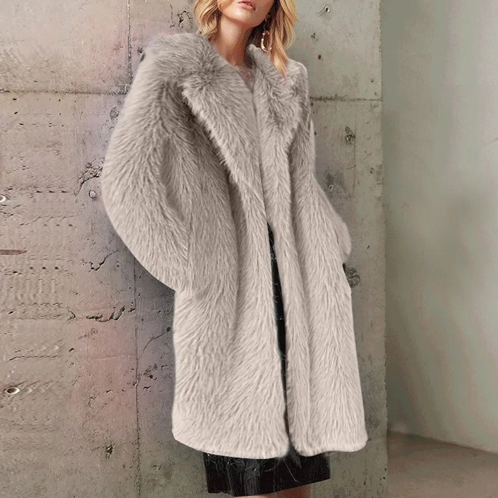 Biały Długi Płaszcz Damski ze Sztucznego Futra Jesienno-Zimowy Duży Płaszcz Kurtka Kołnierz Wykładany Kieszenie Gruby Płaszcz Ciepłe Kurtki Płaszcze Maxi