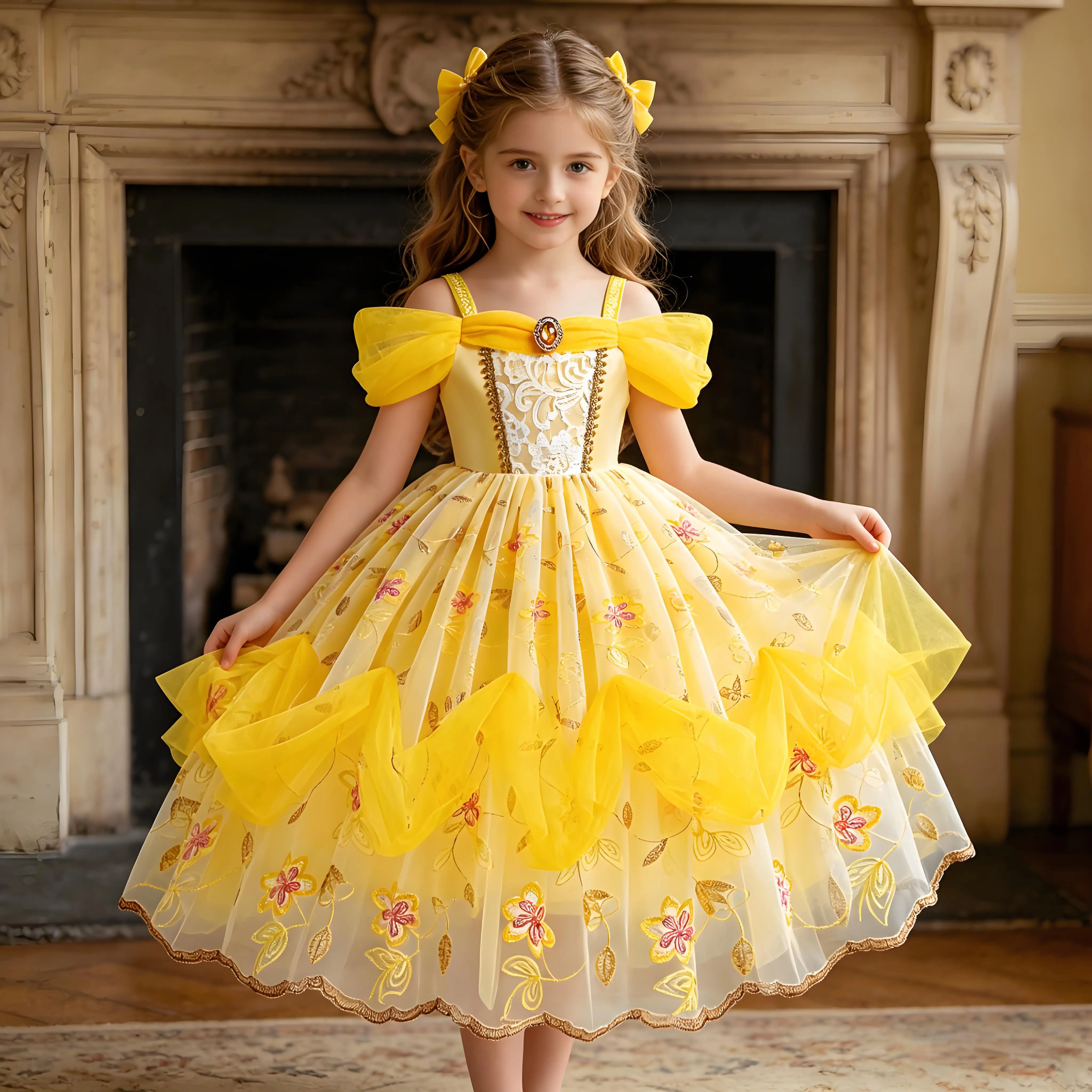 Disney Cartoon Movie Beauty and the Beast Princess Belle Yellow Cute Embroidered Tulle Dress Holiday