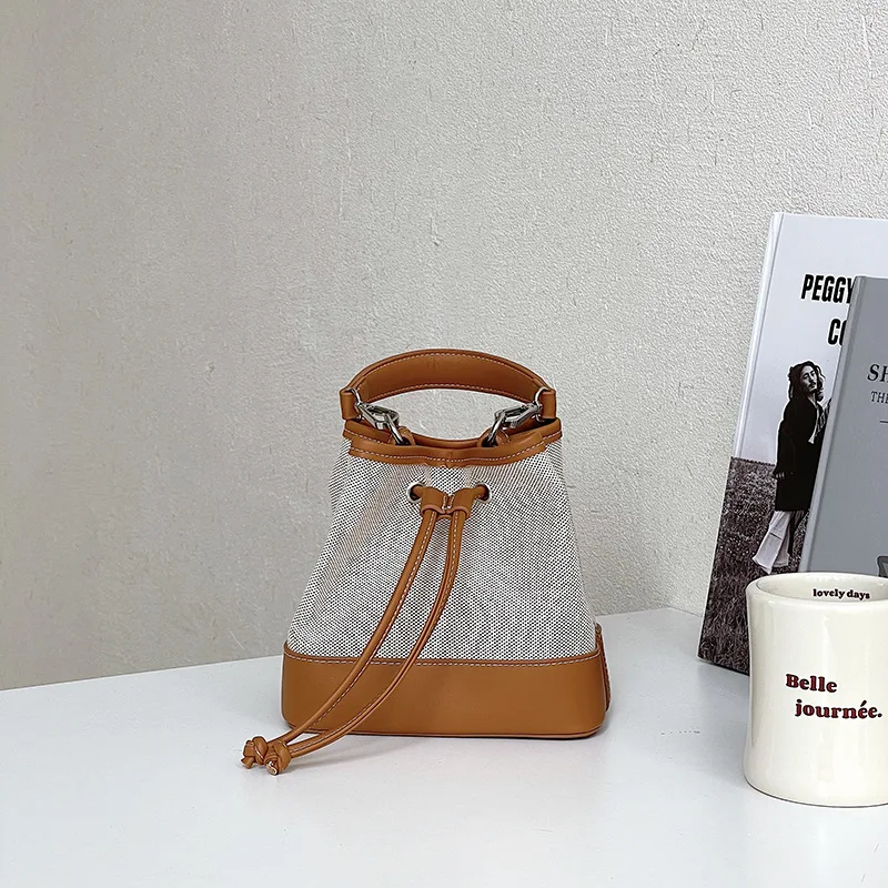 Women Niche Literary Canvas Splice Drawstring Ruched Bucket Handbag Korean Style Fashion Shoulder Crossbody Small Foldable Bag