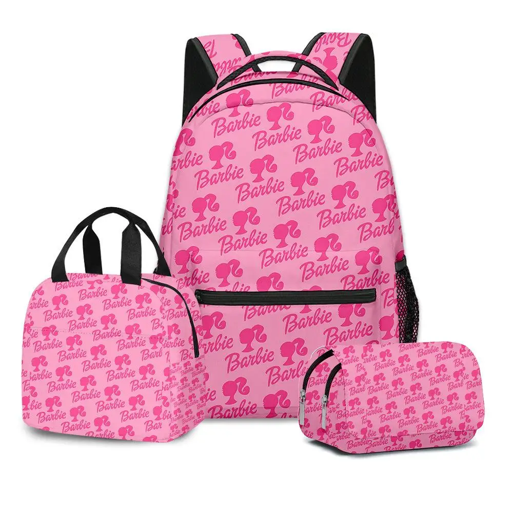 New Barbie kids Backpack Girl Kawaii Cartoon Print Lightweight Large Capacity Storage SchoolBag Lunch Bag PenBag Three Piece Set