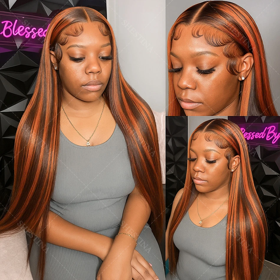 البني الزنجبيل تسليط الضوء على الباروكات شعر الإنسان العظام مستقيم 5x5 الدانتيل أمامي غلويليس قبل قطع أومبير الزنجبيل الملونة خصلات الشعر المستعار للنساء