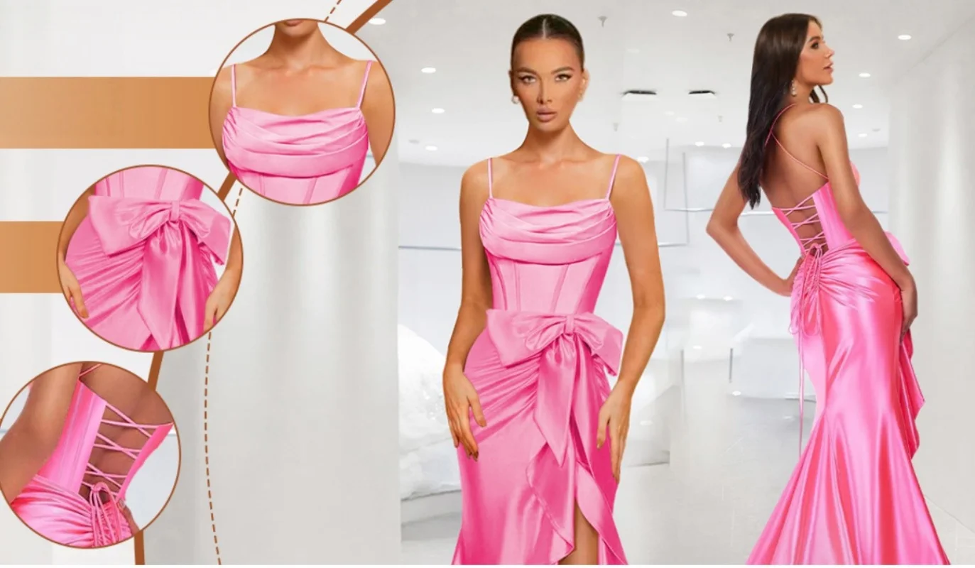 Spaghetti Straps Satin Prom Dresses for Women Mermaid Evening Gown Split off Shoulder Cocktail Dress with Bow Guest Dress image 6