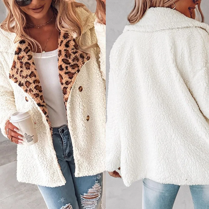 

2025 Women's Autumn and Winter Leopard Print Contrasting Button Lamb Wool Loose Jacket