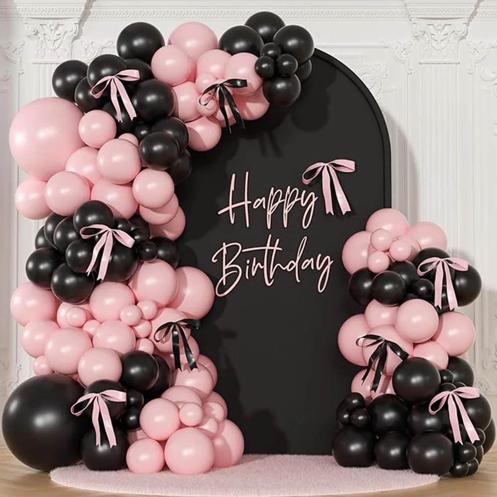 141 pçs rosa preto balão e arcos guirlanda arco kit, para coquette aniversário casamento chá de bebê decorações de festa de chá de panela