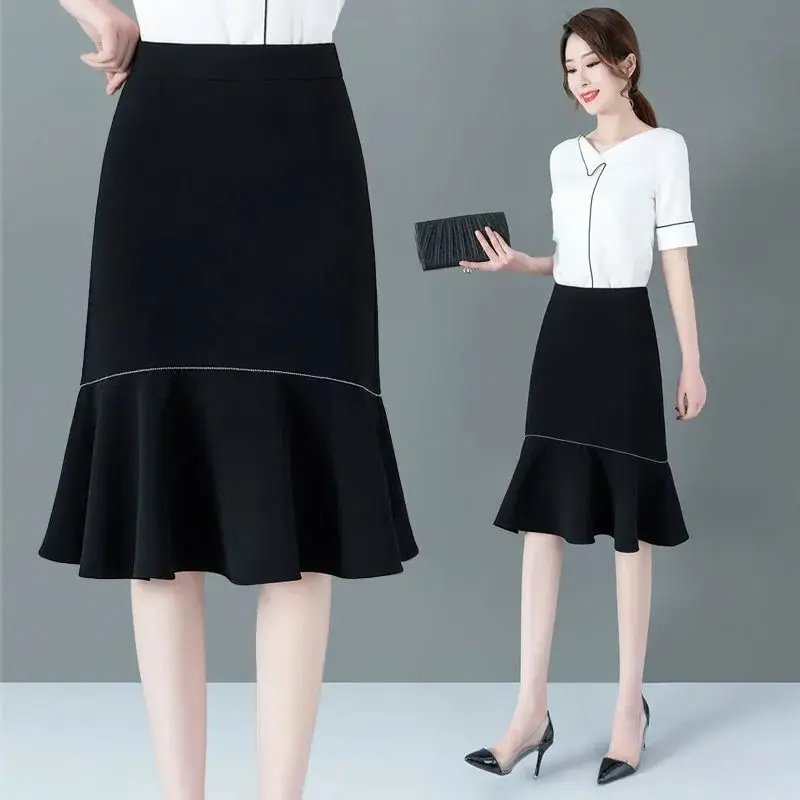 Simplicity Temperament Slim High Waist A-Line Skirt Summer Solid All-match Pleated Elegant Skirt Fashion Office Women Clothing