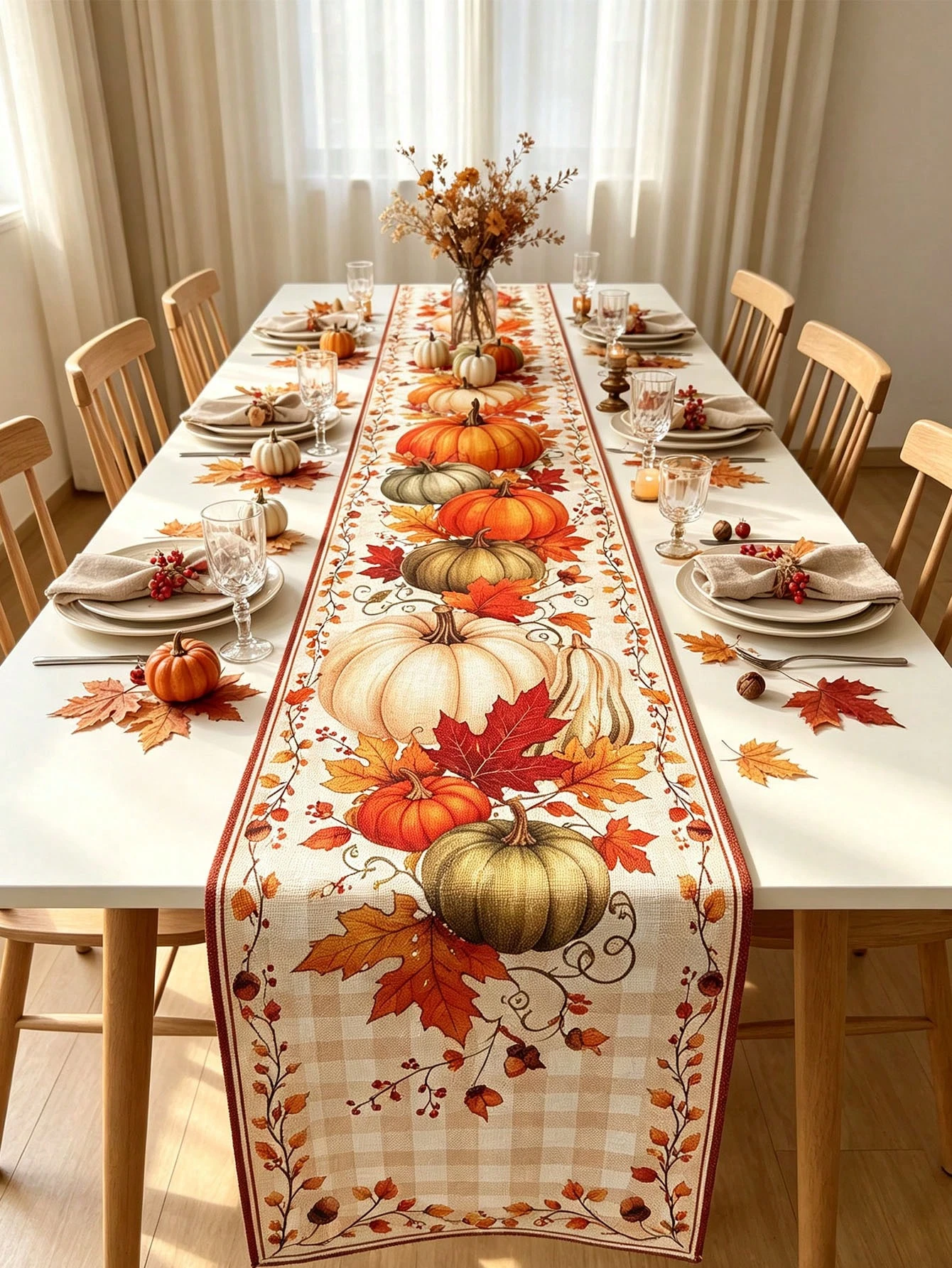 1pc Thanksgiving Table Runner Multi‑Color Pumpkin Maple Leaf Checkered Edge Ornament for Dining Kitchen Living Room Fall Harvest