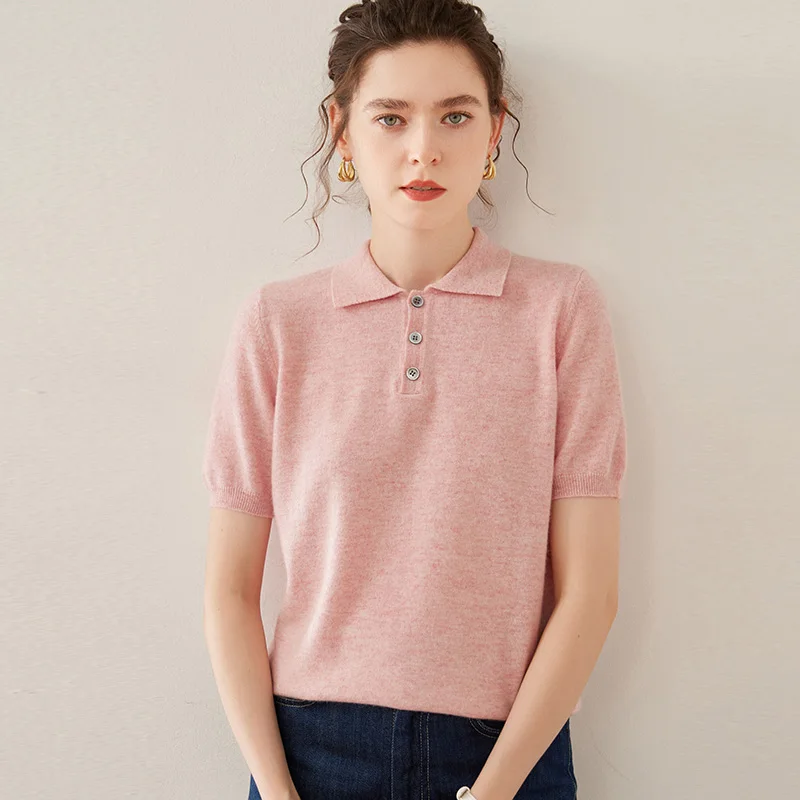 Hot Sale 100% Cashmere Women's Sweaters And Pullovers Autumn Female POLO Collar Clothing Short SLeeve Soft Jumper Tops Spring