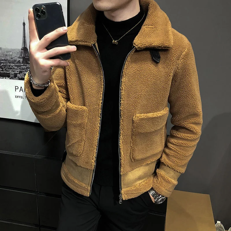 Men's Winter Short Woolen Coat Fur Integrated Lamb Fur Jacket Coat Korean Style Mens Wool Trench Coat Chaqueta Invierno Hombre