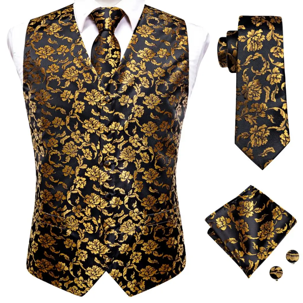 Hi-Tie Black Gold Floral Silk Dress Vest Set For Men Dark Blue Jacquard Men\'s Suit Vest Male Waistcoat For Wedding Formal Jacket