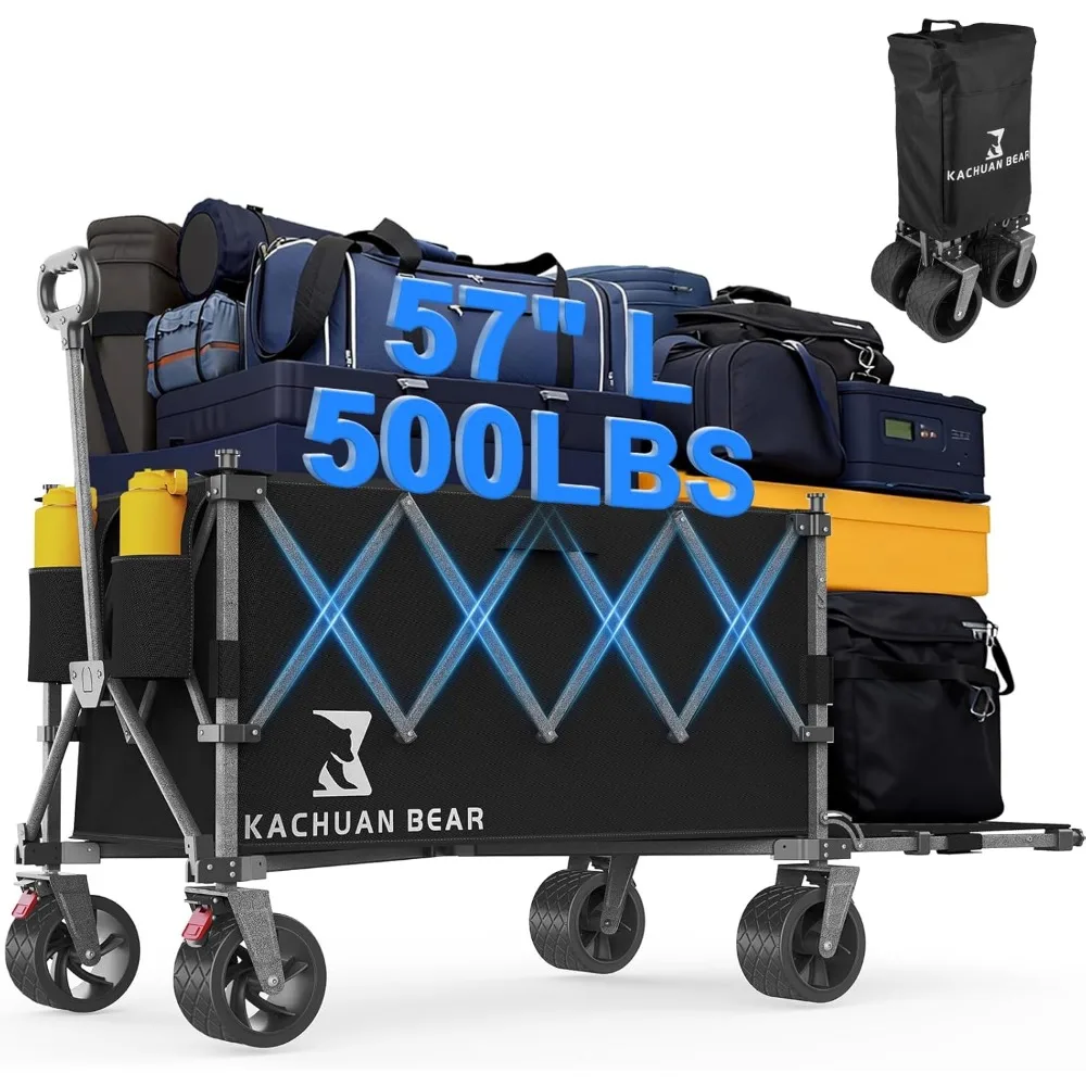 

57 L Large Collapsible Foldable Wagon with Tailgate & Brake, 500LBS Heavy Duty Beach Wagons with All-Terrain Big Wheels, 300L Fo