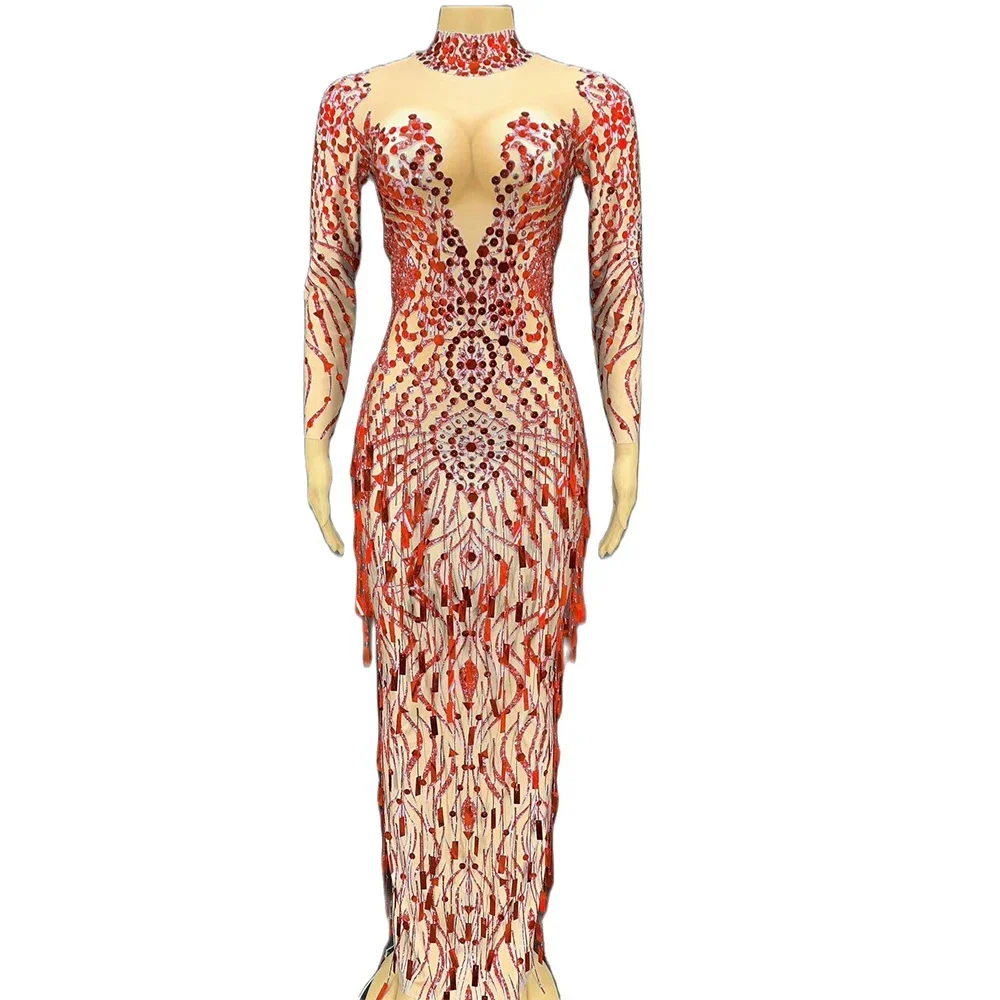

Multicolored Long Sleeves Shining Sequins Sexy Split Maxi Dress For Women Evening Banquet Clothing Stage Singer Costumes