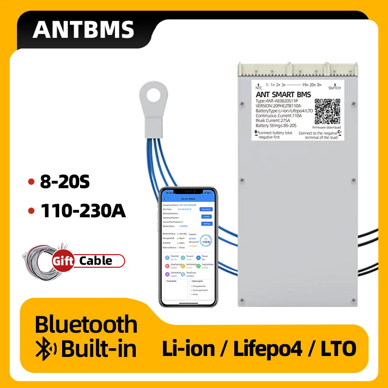 

ant Smart bms 8S-20S 110A 130A 170A 230A 24V 36V 48V 60V Lifepo4 li-ion LTO Battery Built-in BT Tape balancing