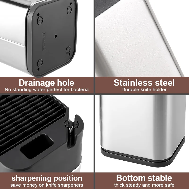 XITUO Multifun Stainless Steel Standing Knife Holder for 1-10pcs Kitchen Knife With Sharpening Edge and Scissors Socket Block