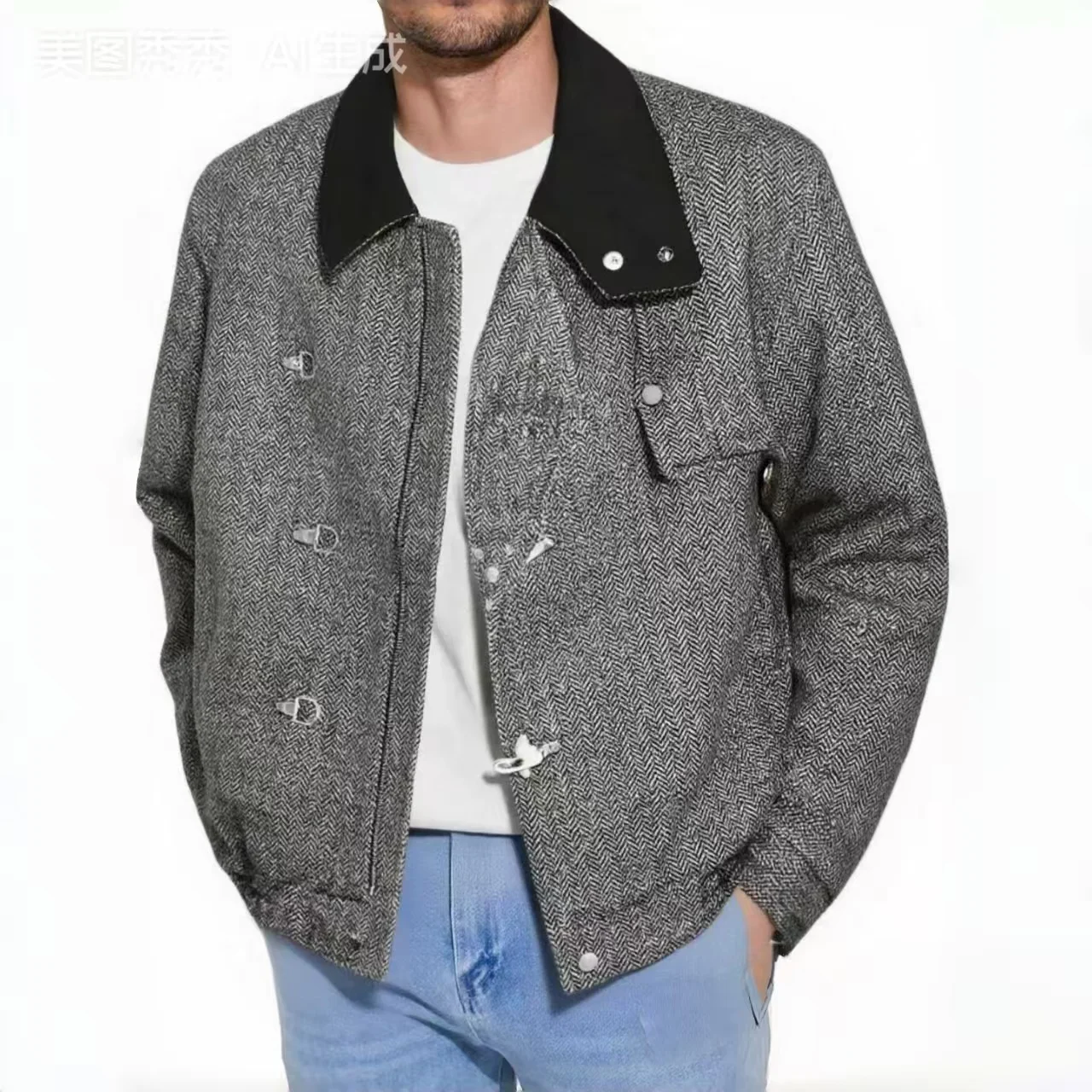 سترة قطنية عتيقة على الطراز الأمريكي من مزيج الصوف سهلة النجاح مع أزرار طائرة إصدار عريض قصير #1