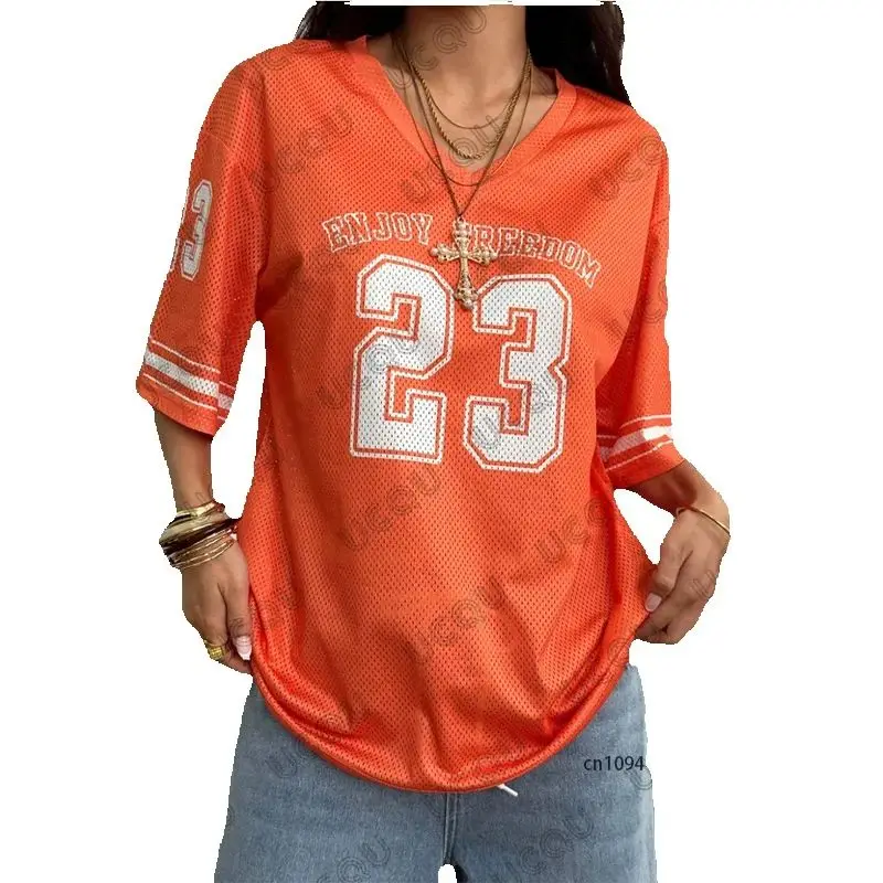 Oranje Genieten Vrijheid 23 Print T-shirt Voor Vrouwen Zomer Nieuwe V-hals Korte Mouw Sport Voetbal Jersey Y2K Losse Oversized tops - afbeelding 2