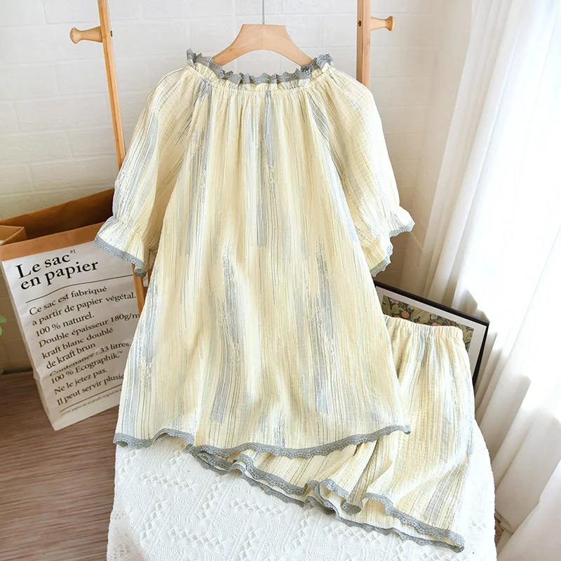 2023 Summer New Women's Pajama Set Cotton Crepe Short Sleeve Shorts Two Piece Set Ladies Lace Neck Bow Lovely Home Furnishing