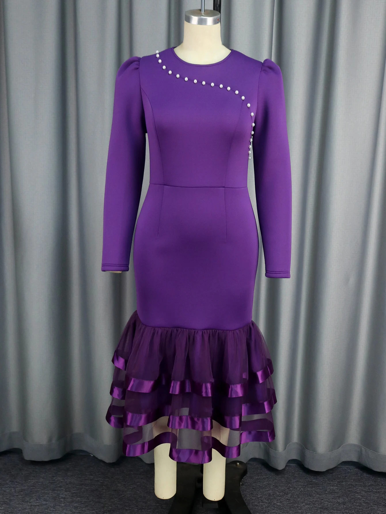 Classy Purple Mermaid Dresses for Women O Neck Beaded Long Sleeve Empire Bodycon Evening Birthday Cocktail Party Outfits