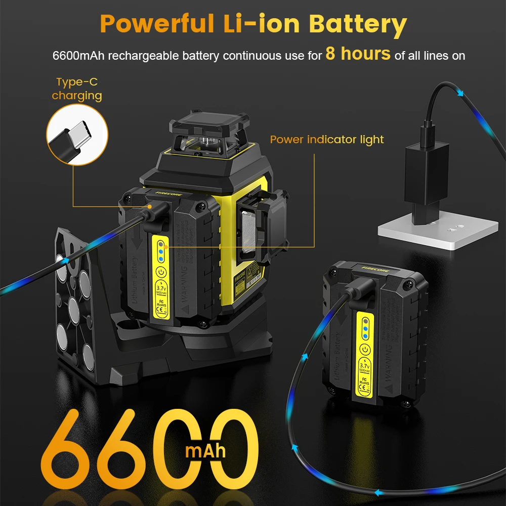 FIRECORE F95T-XG 12 Line 3D Green Laser Level 360 Rechargeable Li-ion Battery Self-Leveling nivel láser Integrated L-Bracket